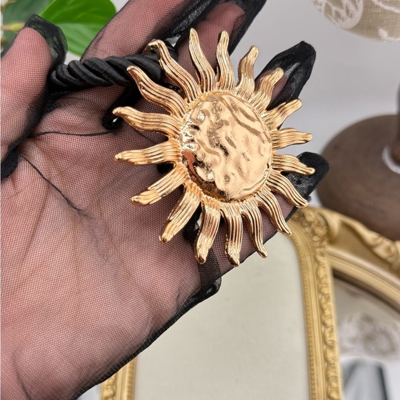 Statement Sun Pendant Necklace – Gold-Tone with Black Cord - Picture 4 of 11